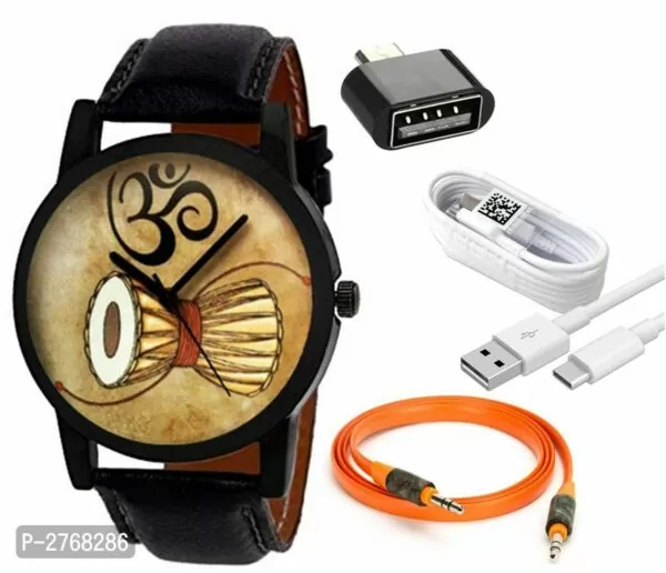 Combo of Damru Mahadev Edition Analog Watch With Aux Cable , OTG Adapter And Data Cable For Men And Women