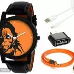 Combo of Hanuman Orange Dial Analog watch With Aux Cable , OTG Adapter And Data Cable For Men And Women
