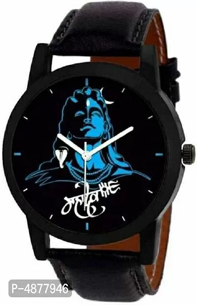 MAHADEV Black dial Black Genuine Leather Strap Analog Wrist Analog Watch - For Men