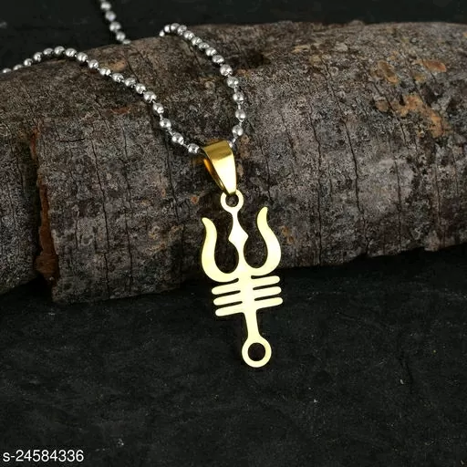 Morvi Gold Plated Brass unique and Simple 3D design Trishul with Mahadeva Pendant Jewellery for Men and Women