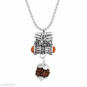 Morvi Silver Plated Brass Rudrakasha, Lord Shiva Symbol with Trinetra, Mahakaal with Damru, Temple Jewellery for Men and Women