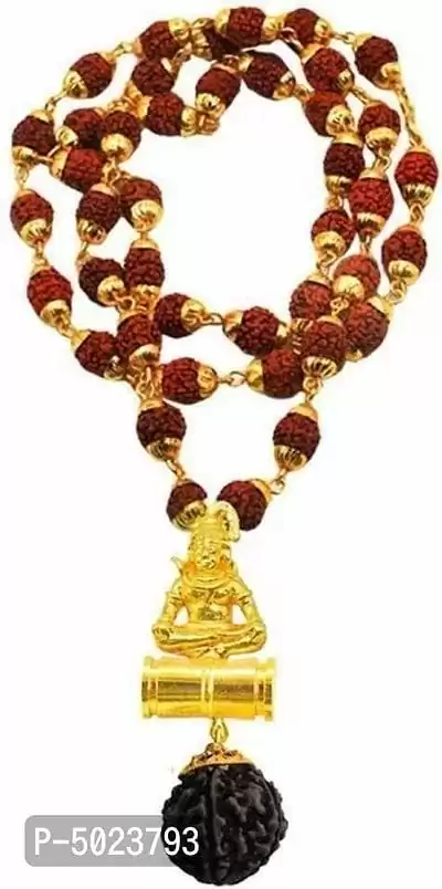 Shiv Rudraksha Studded Chain With Trishul Om Beads Gold-plated Plated Brass Chain Gold Plated locket or mala for men and women