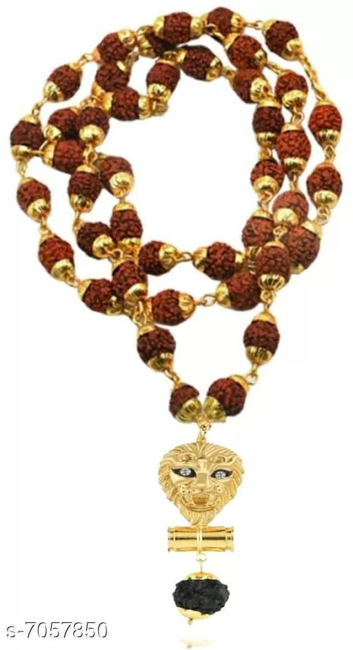 Singh damaru pendant with panchmukhi original rudraksh locket Mala (8mm 36 beard) gold plated wood chain