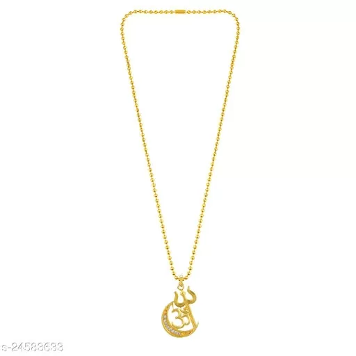 Morvi Gold Plated Brass CZ, Shiva with Trishul, Om and Moon, three in one Design Pendant Temple Jewellery Locket for Men and Women